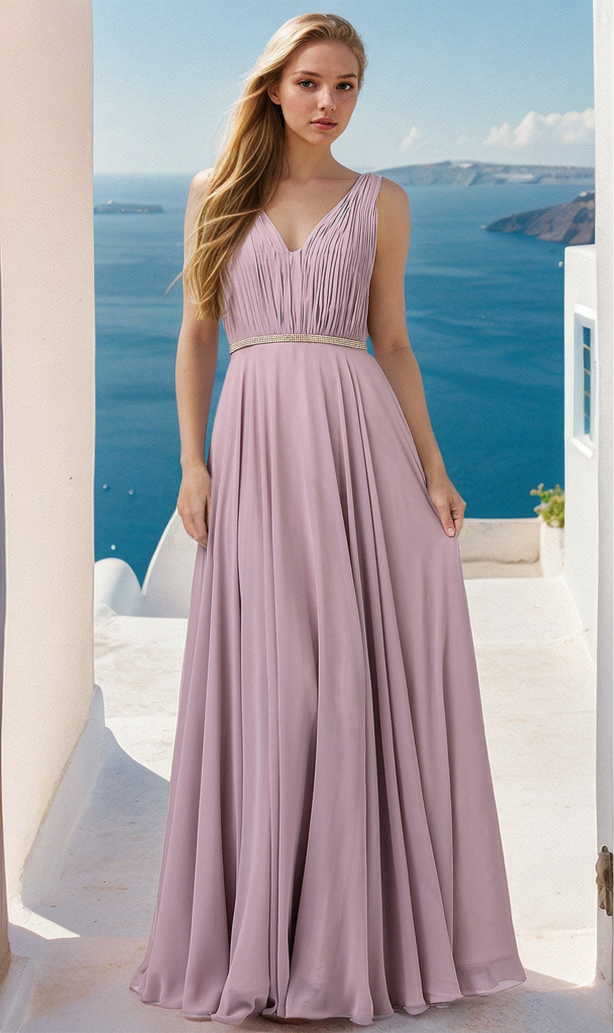 A woman wears the Illusion-Sides Long A-Line Prom Dress with Pleats—a sleeveless, floor-length lavender gown—while standing outdoors with the ocean and white buildings in the background.